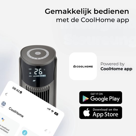 Grijze CoolHome torenventilator, bediening via CoolHome app op smartphone, met Google Play en App Store logo's.