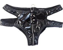 BamBella® Slip Onderbroek - Onesize - Erotische Sexy SM BDSM Lingerie Danes - Zwart ondergoed Datex mix latex en stof wetlook met rits open kruis