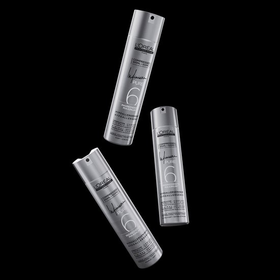 Drie zilverkleurige spuitbussen van L'Oréal Professionnel Infinium Pure, 6 ingrediënten maximum.