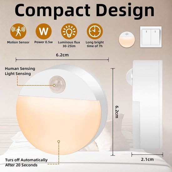 Nachtlampen - Trapverlichting - Kastlamp - Sensorlicht - Kastverlichting - Wandlamp Binnen - Warm Licht - Led Rond Nachtlampje Bewegingssensor - Nachtlampje Met Bewegingssensor - Draadloos Op Batterij - Voor Volwassenen En Kinderen - Set Van 3 van Merkloos — afbeelding 5