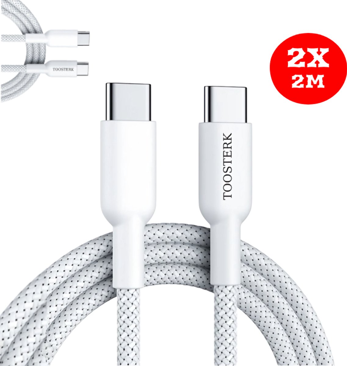 USB-C naar USB-C kabel 60W – Snelladekabel van versterkt gevlochten nylon – Snel en veilig opladen – 2 meter -2 stuks