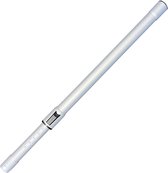 Zilverkleurige, telescopische stofzuigerbuis met een kliksysteem en een opening aan het uiteinde.