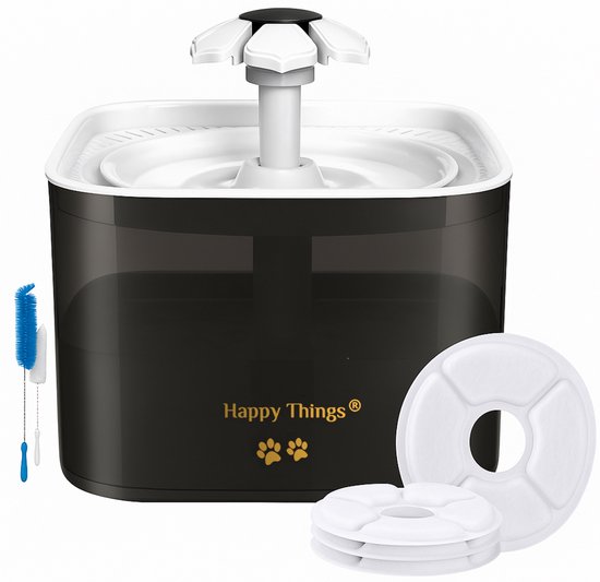 Happy Things - Drinkfontein Hond en Kat - Geruisloos - 2.5 L - Transparant Zwart met Goud - incl 4 Filters
