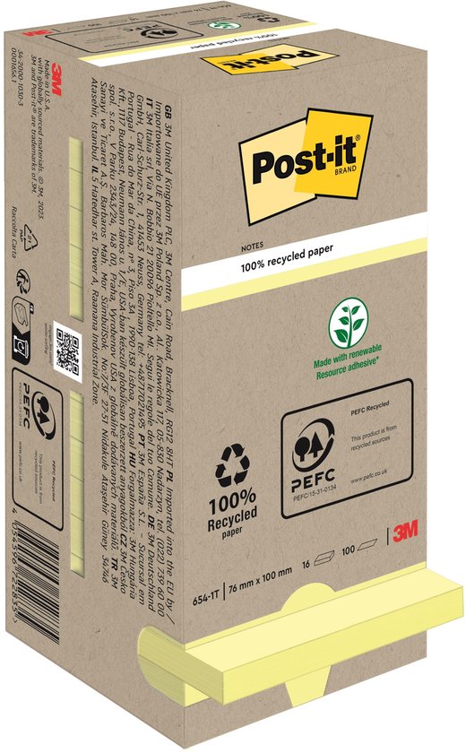 Memoblok Post-it 654 76x76mm recycled pastel geel 16 stuks