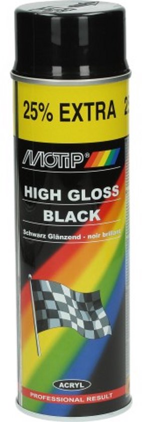 Aérosol de laque noire brillante Motip. Avec 25% de contenu en plus et un drapeau de course.