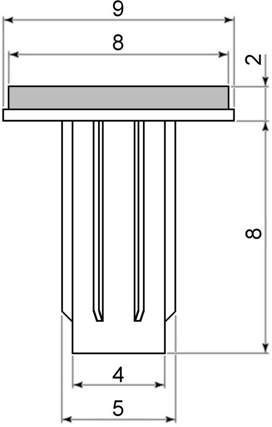 Technische tekening van een zwarte deurbuffer met afmetingen.