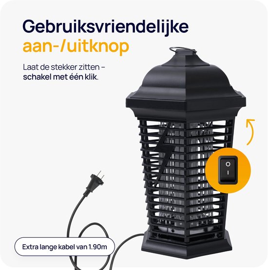 Zwarte Wonact muggenlamp met een aan/uitknop en een 1.90m lange kabel.