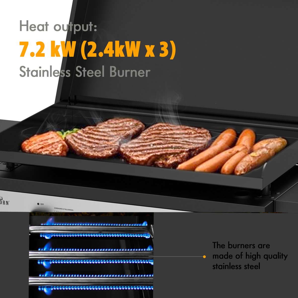 BIGHORN Gas Plancha BBQ met 3 Branders (7,2 kW) – Geëmailleerde Stalen Bakplaat – Grillwagen met Inklapbare Zijtafels – Zwart – foto 8