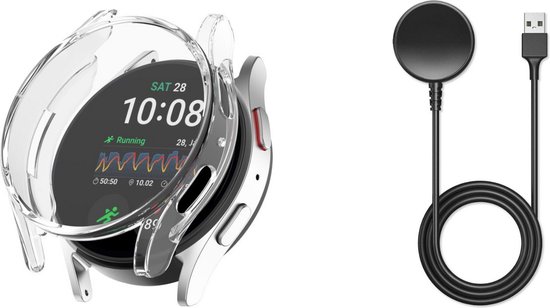 Transparante TPU hoes en zwarte oplader voor Samsung Galaxy Watch 7 40mm.