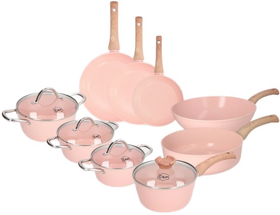 Cook & Pan - Ensemble de poêles Blush 9 pièces - Casseroles et poêles à induction - Revêtement antiadhésif en céramique sans PFAS - Garantie 7 ans - Rose