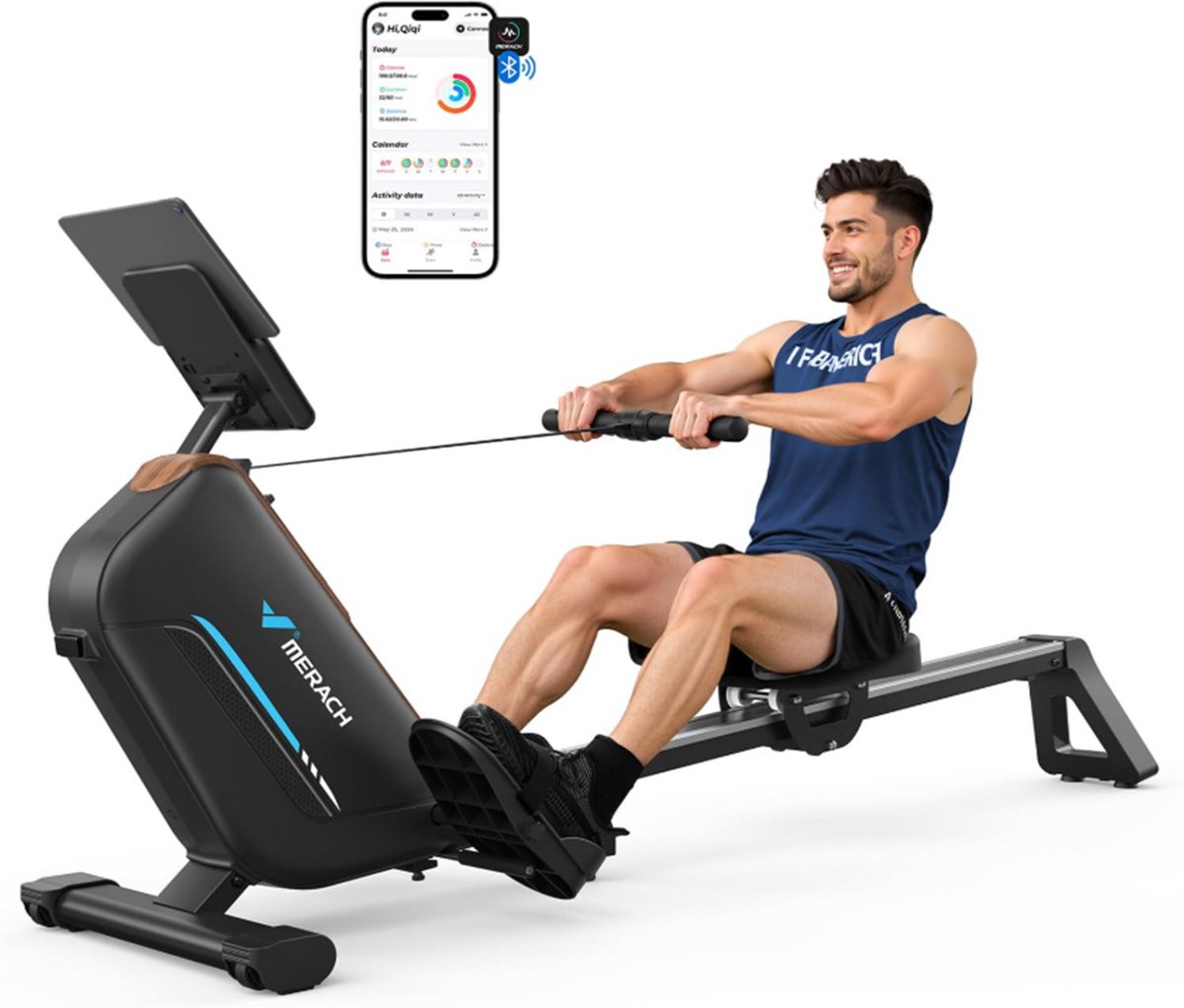 Merach Roeitrainer magnetische weerstand inklapbaar - Met LCD-scherm - 12 Trainingsniveaus - Roeimachine met Elastische Weerstand - Roeiapparaat voor Thuis - Zwart