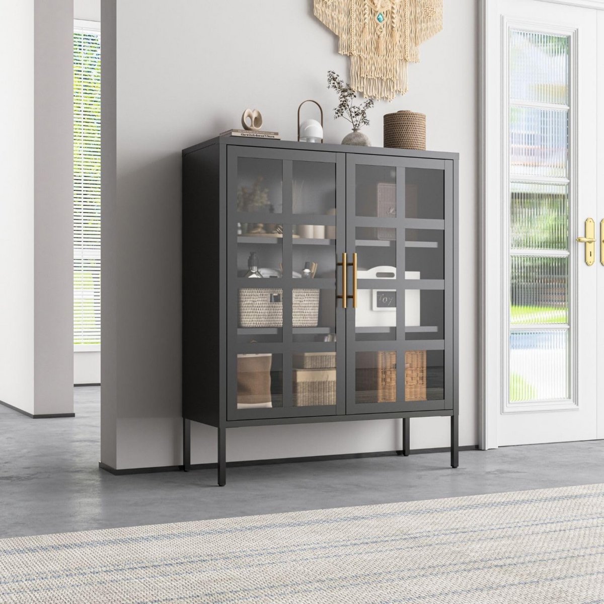 Coemo Ladekast Mein-Regal highboard Glasgow zwart, vitrinekast van metaal, ladenkastje bijzetkast voor woonkamer, kantoor, eetkamer, met glazen deuren in industriële stijl LxBxH 90x35x110 cm voor boeken en decoratie
