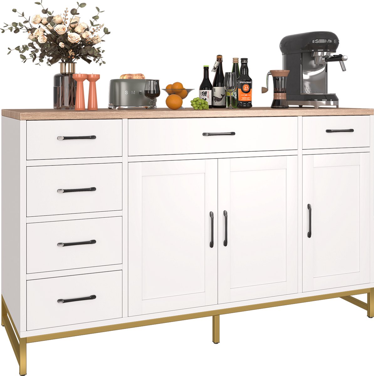 Hoge keukenkast - 120 x 40 x 180 cm - met verstelbare planken 2 lades 3 deuren LED's - MDF PB - wit