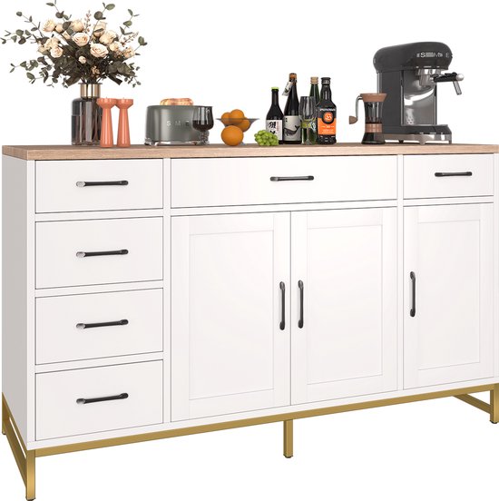 Meuble de rangement - Buffet - Meuble de cuisine - Meuble TV - Avec 3 Portes et 6 tiroirs - Métal industriel et bois - 140 x 80 x 40 cm - Pour salon, salle à manger, couloir ou Cuisine - Wit