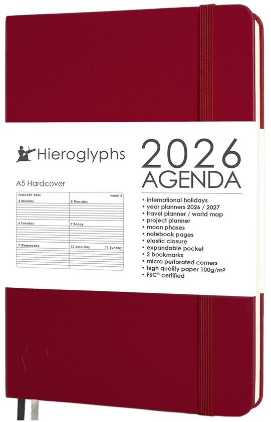 Hieroglyphs Agenda 2026 A5 - 1 Week op 2 pagina's - Harde Kaft - Elastiek - Opbergvak - 2 Bladwijzers - Weekagenda Jaaragenda Volwassenen - Scharlaken Rood