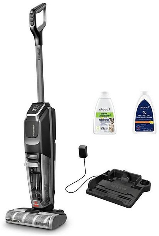 BISSELL CrossWave stofzuiger met toebehoren: oplossingsflessen, oplader en dock.