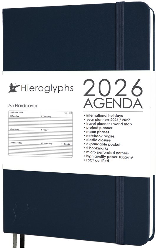 Hieroglyphs Agenda 2026 A5 - 1 Week op 2 pagina's - Harde Kaft - Elastiek - Opbergvak - 2 Bladwijzers - Weekagenda Jaaragenda Volwassenen - Blauw Donkerblauw