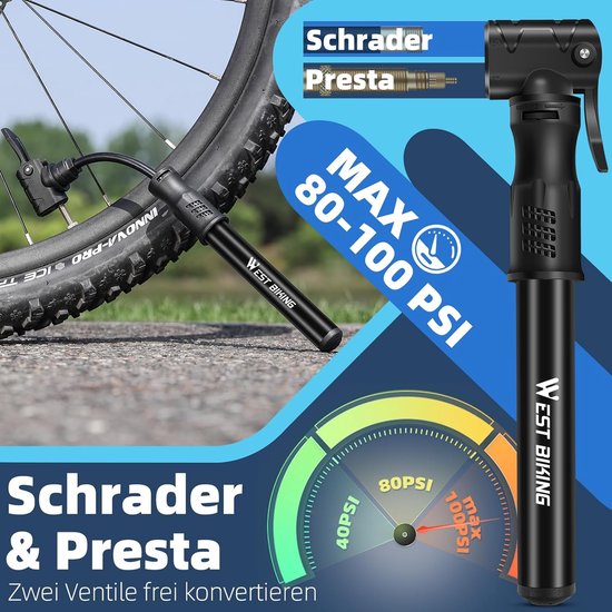 Fietspomp, mini, aluminium, luchtpomp, fiets, alle ventielen, draagbaar, snel oppompen, voor MTB, racefiets, balpomp — afbeelding 5