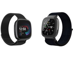 Strap-it Nylon band (Zwart) + Milanese band (Zwart) - Geschikt voor Fitbit Versa 4 / Fitbit Sense 2 - Horlogeband / Polsband / Armband - Magnetische armband - RVS armband - Zachte Nylon band