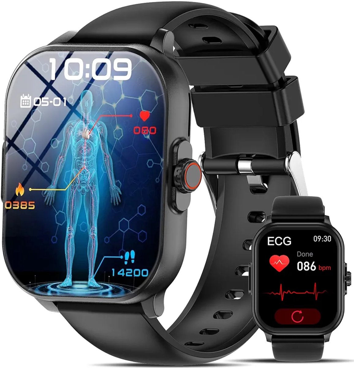 Nauwkeurige Smartwatch Bloedglucose ECG PPG Zwart
