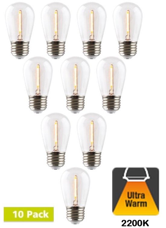 Dix ampoules LED transparentes en forme de bol avec culot E27, 1 Watt, 2200K.