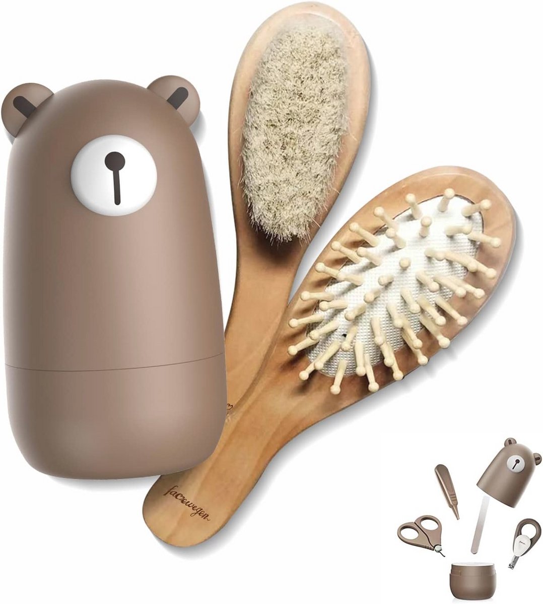 Image of 6-in-1 Verzorgingsset voor Baby's - Houten Haarborstel, Kam, Nagelschaar en Meer in Een Schattige Cadeauverpakking