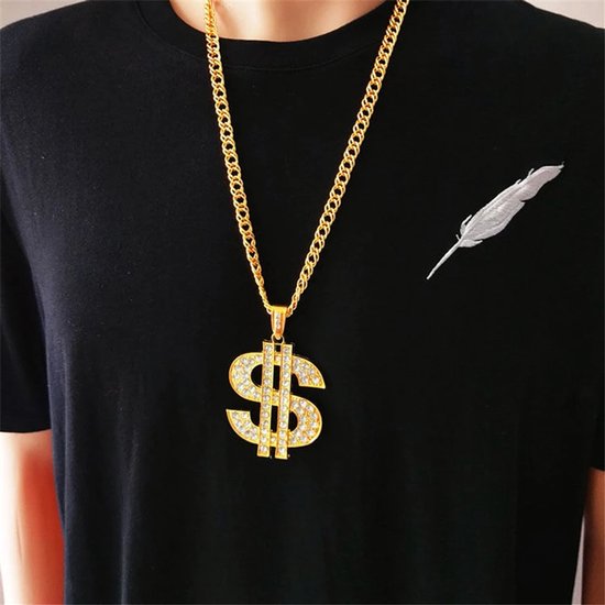 Goudkleurige dollar ketting - Dollarketting met diamantjes - Nepdiamanten - Gouden ketting - Feestje - Verkleden - Carnaval - Pimp - CHPN
