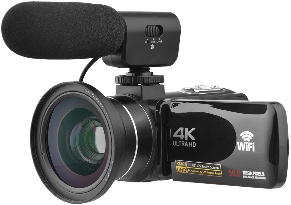 4K Videocamera - Digitale Camcorder - DV Recorder - 56MP Camera - 18x Digitale Zoom - WiFi Video Camera - Touchscreen 3.0 Inch - Gezichtsdetectie - Anti-Shake - Inclusief Externe Microfoon - Met Afstandsbediening - Voor Vloggen en Thuisgebruik