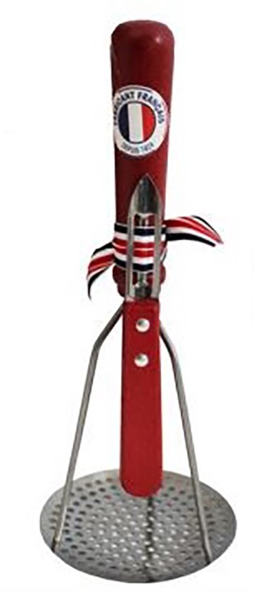 Foto: Set van aardappelstamper met dunschiller rvs en beukenhout rood