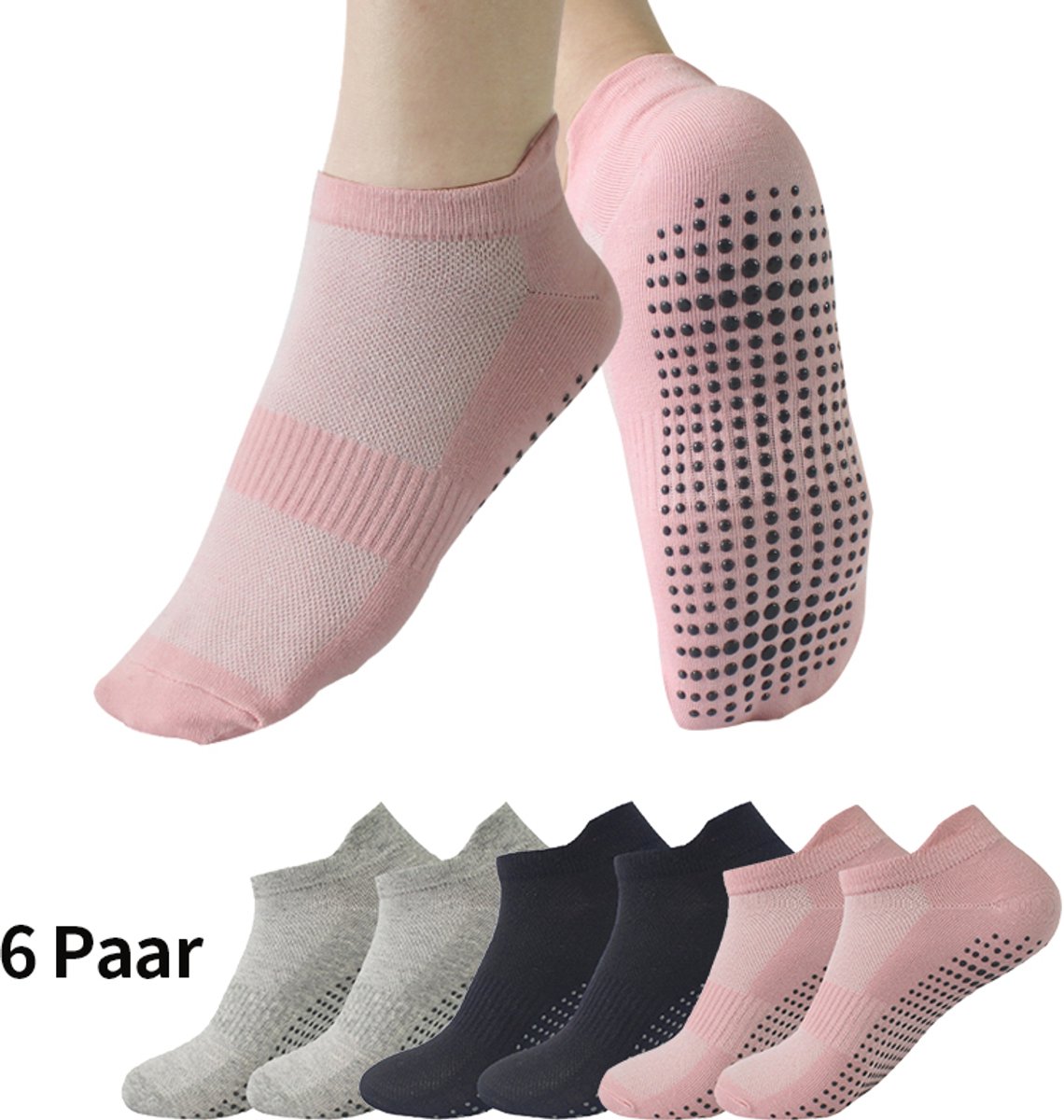 Yoga Sokken Antislip Dames - 6 Paar - maat 36-41 - Yoga Enkelsokken - pilates sokken antislip- Huissokken Dames anti slip - Voor Yoga Pilates Ballerina Ballet - Roz&Grijs&Zwart