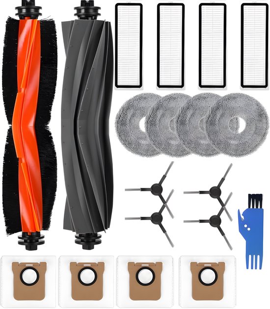 Set reserveonderdelen voor robotstofzuiger: oranje en grijze hoofdborstels, filters, dweilpads, zijborstels, stofzakken en een reinigingsborstel.