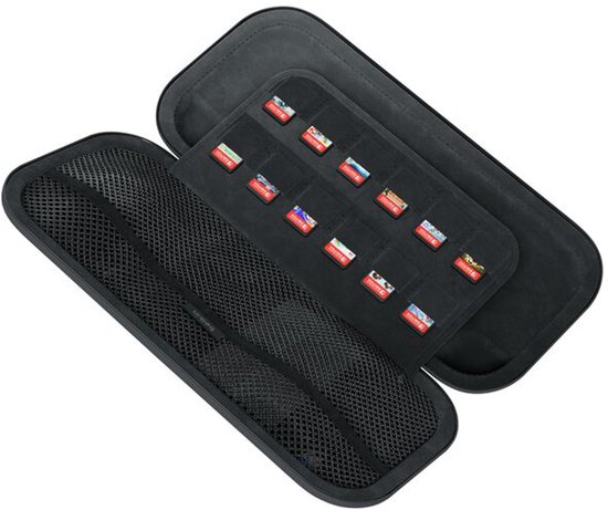 Opengeklapte antracietkleurige beschermhoes voor Nintendo Switch, met vakken voor 12 gamecards en een mesh opbergvak.
