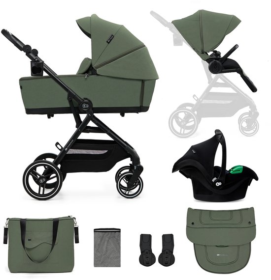 Groene kinderwagen met reiswieg, autostoel, tas en accessoires.