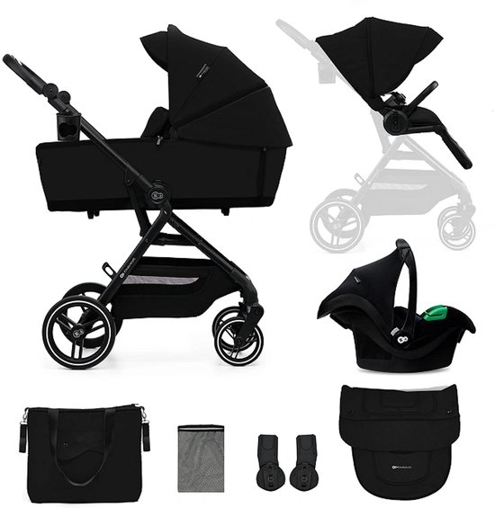 Zwarte 3-in-1 kinderwagen met reiswieg, wandelzitje, autostoel en accessoires.