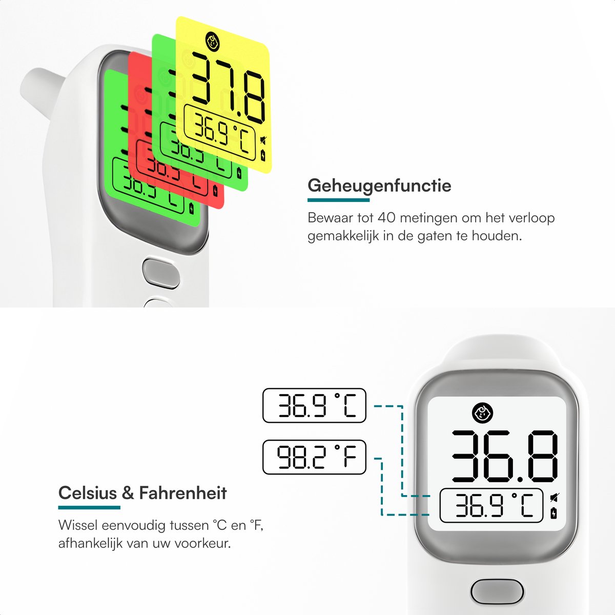 Mecura Oorthermometer Kinderen & Volwassenen - Koortsthermometer Oor & Voorhoofd - Digitale Infrarood Baby Thermometer - Temperatuurmeter Lichaam - Meet in 1 Seconde - Koortswaarschuwing in Kleur - Stille Modus - Geheugen 40 Metingen — cadeau in Cadeau-ideeën - foto 2
