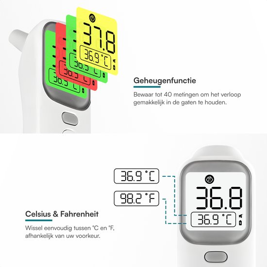 Infrarood thermometer met display dat schakelt tussen Celsius (36.8°C) en Fahrenheit (98.2°F). Drie gekleurde vakjes tonen 37.8°C, 36.9°C, 36.3°C.