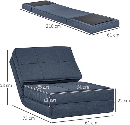 Pugsdrly Opvouwbare vloersofa slaapstoel vloerstoel 5-poots verstelbaar opvouwbare stoel slaapbank slaapbank eenpersoonsbank blauw 61 x 73 x 58 cm