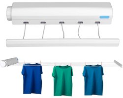 Drooglijnen - Wand waslijn uittrekbaar - 5 lijnen - Droogrek Hangend - Wasrek Hangend - Geschikt voor kamperen, camper, camping - Uittrekbare - Rol droog lijn - Rekken - Geschikt Voor buiten en binnen - Uitschuifbaar - wit