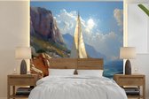 Behang - Fotobehang Zeilschip - Zee - Rotsen - Wolken - Breedte 240 cm x hoogte 240 cm