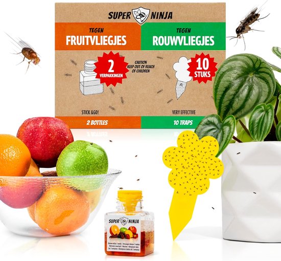 Super Ninja Fruitvliegjes Vanger Bundel - 10 Gele Stickers en 2 Fruivliegjes Vallen - Zeer Effectieve en Ecologische Insectenval om Fruitvliegjes en Rouwvliegjes te Bestrijden