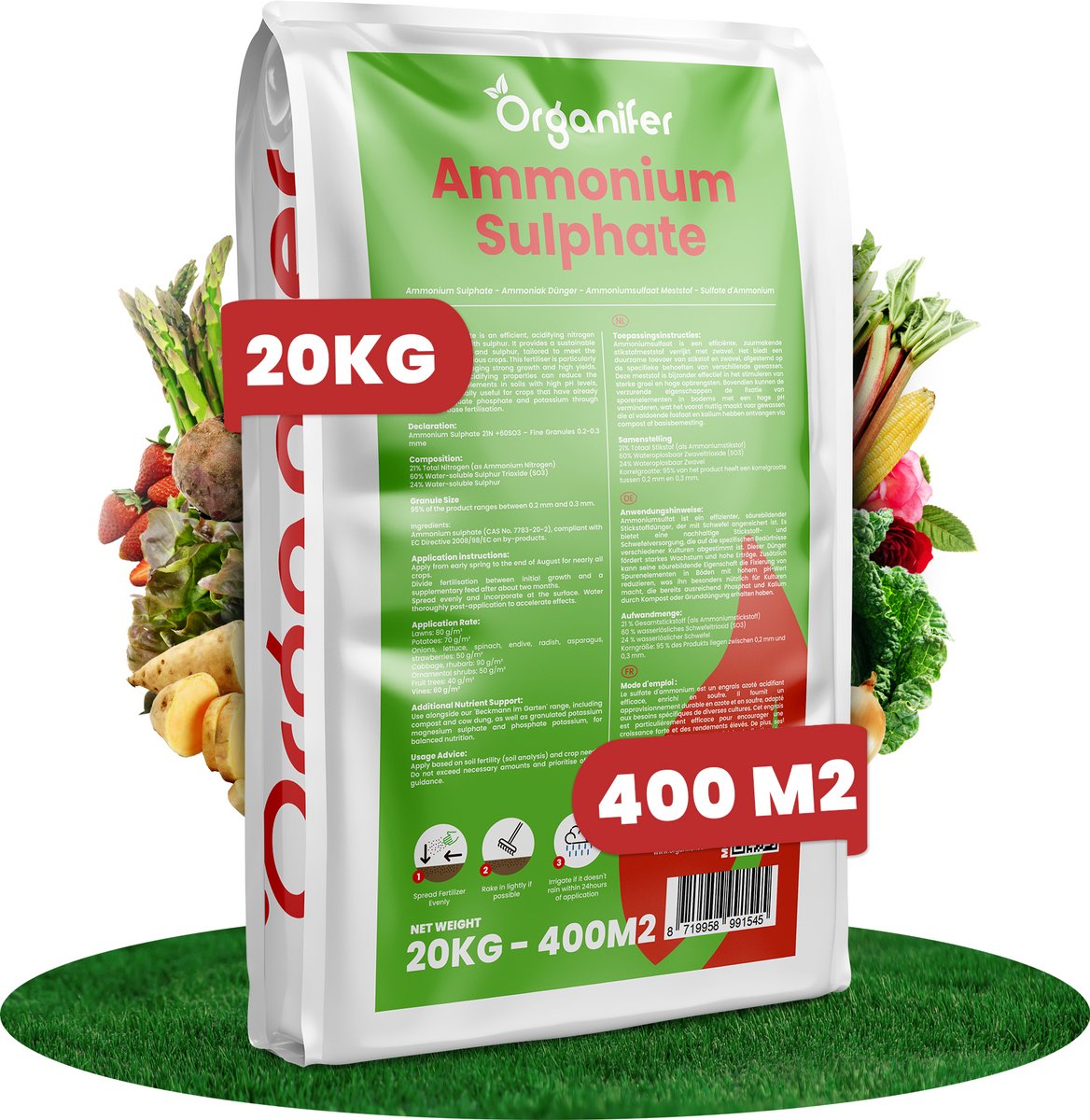 Stikstof Kunstmest Gazon & Weide - 20 Kg voor 400 M2 - Ammoniumsulfaat Meststof - 60% Zwavel - 100% Minerale Meststof - Verlaagt De Ph-Waarde - 0,2–0,3 Mm Korrels - Stimuleert De Bladontwikkeling - Vrij Van Chloriden En Kalk - Organifer