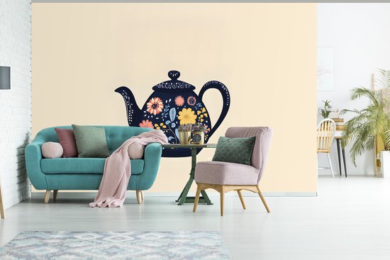 Behang - Fotobehang Theepot - Kleurrijk - Bloemen - Breedte 600 cm x hoogte 400 cm