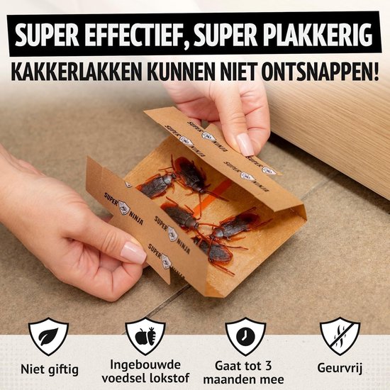 Bruine kokervallen met 5 kakkerlakken erop, met tekst "SUPER EFFECTIEF, SUPER PLAKKERIG KAKKERLAKKEN KUNNEN NIET ONTSNAPPEN!".