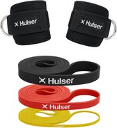 Hulser Sportieve bundel - Ankle straps en resistance banden - Weerstandsbanden set van 2 tot 30 kg - 104 / 208cm - 2 x Enkel strap - Enkelband Cuff - 3 x Fitness band voor pull up - Krachttraining , Stretch & Lifting met o.a. kickback - Power band