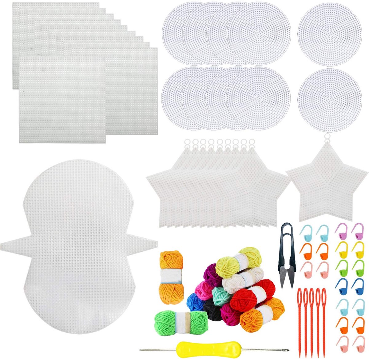 Ibenzoa® Complete Set voor Creatieve Handwerken met 59 Stuks Mesh Canvas en Acrylgaren in 12 Kleuren
