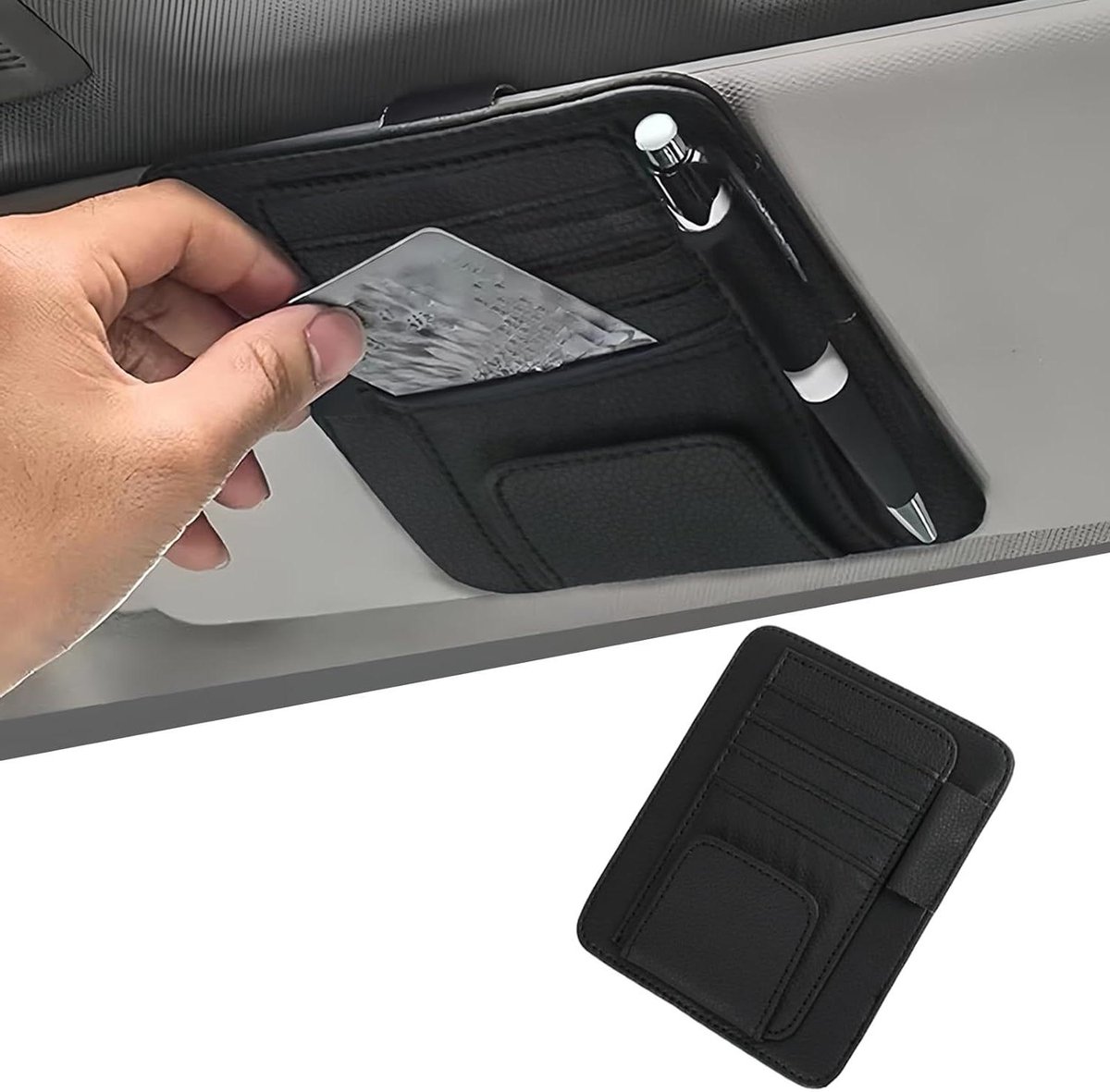 Allecto Plus - Universele autobrilhouder voor zonneklep van PU-leer - multifunctioneel vizier-organizer - houder voor auto - zwart - handig voor zonnebril, brillen, kaart en pen