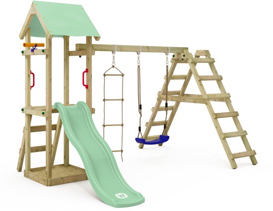 WICKEY klimtoestel outdoor speeltoestel Smart Action met blauw zeil, speeltoestel met klimwand, basketbalring & speelaccessoires voor kinderen in de tuin van hout