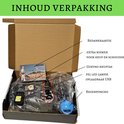 Inhoud van de Gozyno verpakking: bedankkaartje, extra riemen, heuptas, fel led lampje en regenponcho.