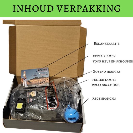 Inhoud van de Gozyno verpakking: bedankkaartje, extra riemen, heuptas, fel led lampje en regenponcho.