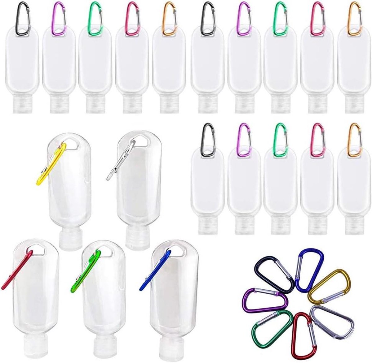Allecto Plus - Set van 20 stuks 50 ml Navulbare Flesjes Met Sleutelhanger - Ideaal voor Reizen en Buitenshuis Gebruik - Transparant